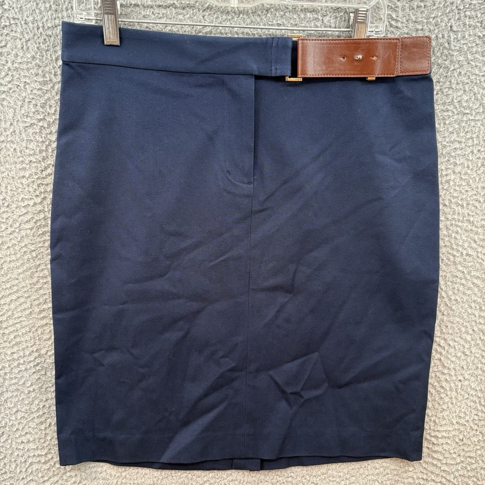 Brooks Brothers Pencil Skirt Womens 8 Navy Blue Brown‎ Belt Brass Stretch Fitted